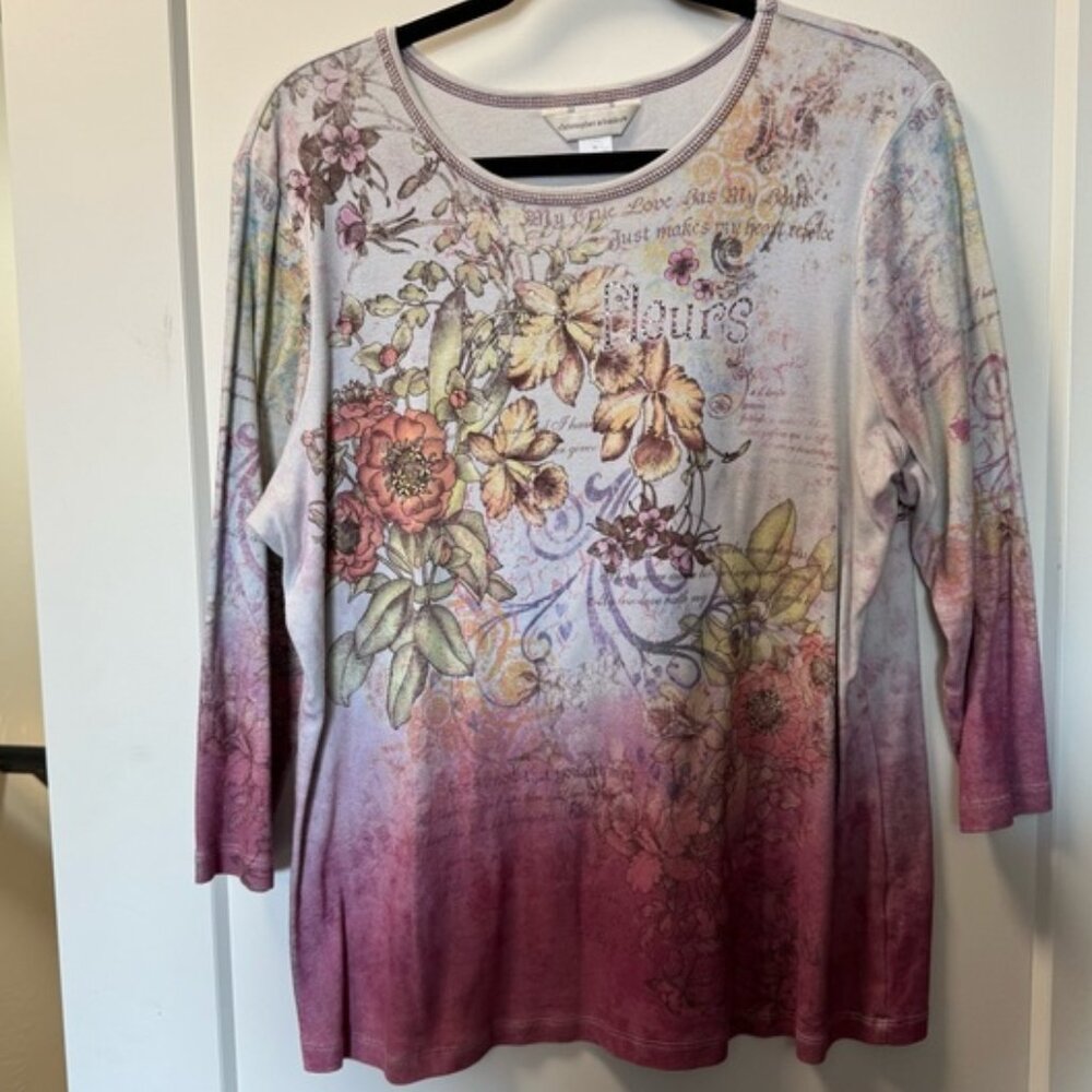 Christopher & Banks 3/4 Sleeve Embellished Floral Graphic Y2K Shirt Top Allover